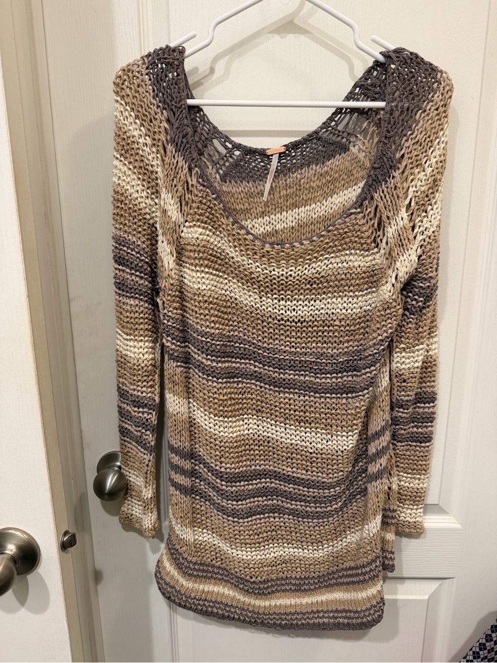 Free People Striped Open-Weave Scoop Neck Sweater in Beige, Cream & Gray